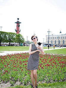 Dress-Wearing Brunette Takes Off Her Grey Dress To Show Her Bush